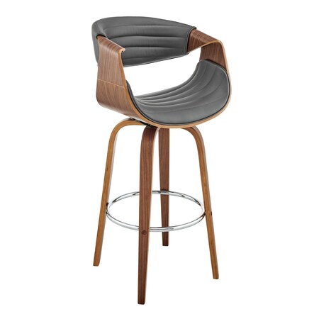 Armen Living Arya 30" Swivel Bar Stool in Gray Faux Leather and Walnut Wood LCAYBAWAGR30